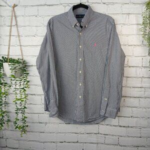 MENS RALPH LAUREN LONG SLEEVE BUTTON DOWN, NAVY AND WHITE CHECKED, SIZE MED